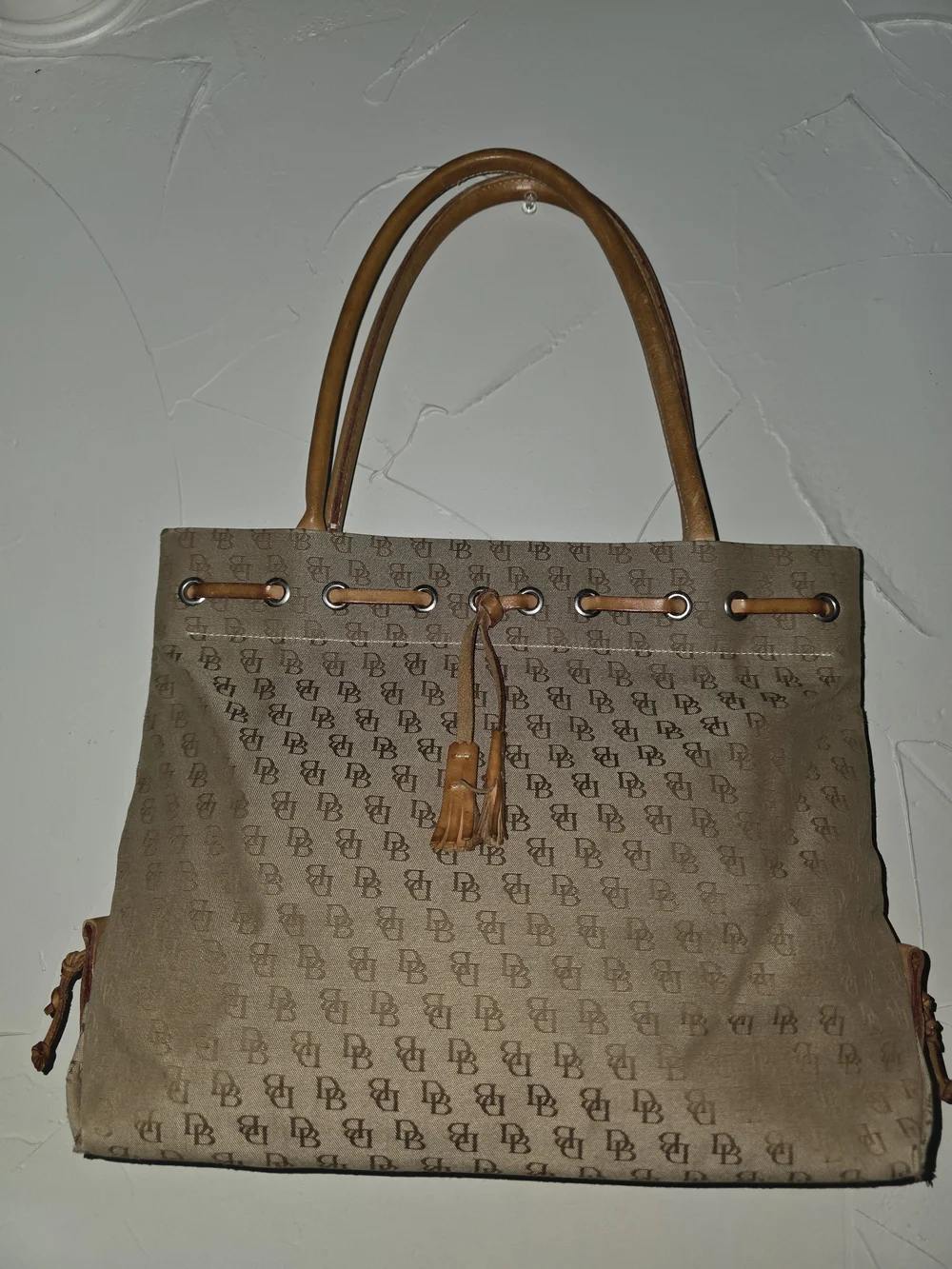 Dooney & Bourke Tan/Brown Monogram Tote with Leather Trim